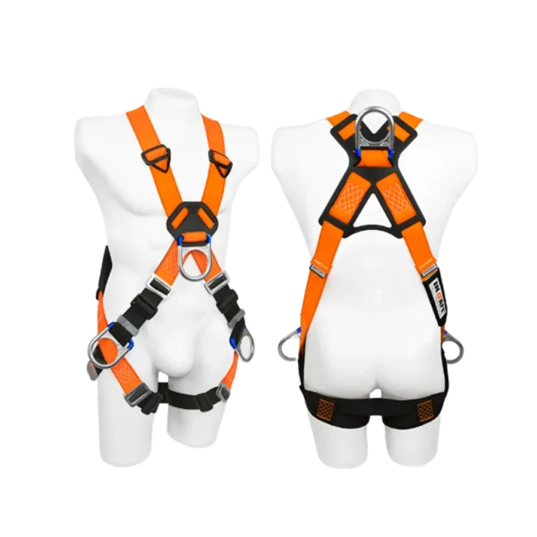 Arnés 4 argollas en X para cuerpo entero, con reatas ignífugas y argollas de acero para detención de caídas, posicionamiento y ascenso. Incluye accesorios de alta resistencia y componentes plásticos ergonómicos.