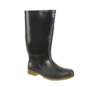 Bota alta de trabajo Macha color negro, fabricada en PVC con suela crepé, forro de poliéster y puente estabilizador para mayor confort.