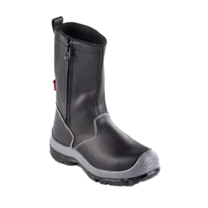 Bota de seguridad negra para soldador con puntera de policarbonato, capellada de cuero liso, suela tridensidad y resistencia dieléctrica.