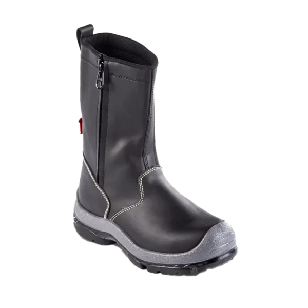 Bota de seguridad negra para soldador con puntera de policarbonato, capellada de cuero liso, suela tridensidad y resistencia dieléctrica.