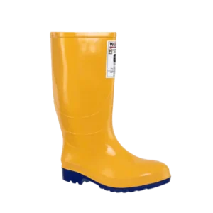Bota de seguridad amarilla Worman Super Safety en PVC con puntera y entresuela de acero, puente estabilizador y resistencia a hidrocarburos, certificada bajo norma ASTM F2413-18.