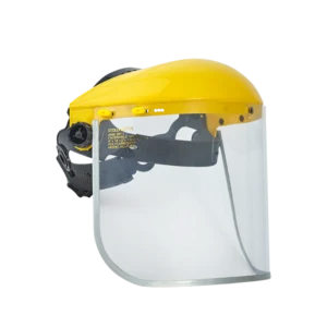 Protector facial con visor de policarbonato claro de 2 mm con ribete metálico. Incluye casquete amarillo con ajuste tipo ratchet, soporte lavable y visor flexible para protección efectiva de la cabeza y rostro.