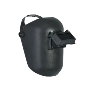 Careta para soldador Apollo en polipropileno con visor levantable, vidrio oscuro sombra 11, ajuste tipo ratchet y banda antisudor, resistente a esquirlas incandescentes.