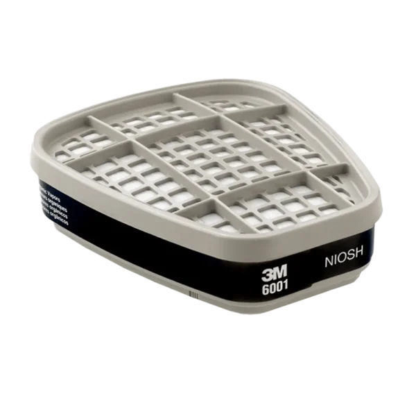 Cartucho 6001 para vapores orgánicos con carbón activado, compatible con piezas faciales serie 6000 y 7000, ideal para pinturas, disolventes y petroquímica.