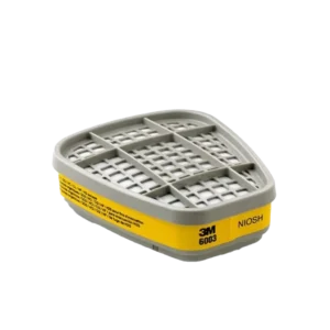 Cartucho 6003 con carbón activado para vapores orgánicos y gases ácidos, compatible con respiradores serie 6000 y 7000, aprobado por NIOSH, ideal para petroquímica y fundiciones.