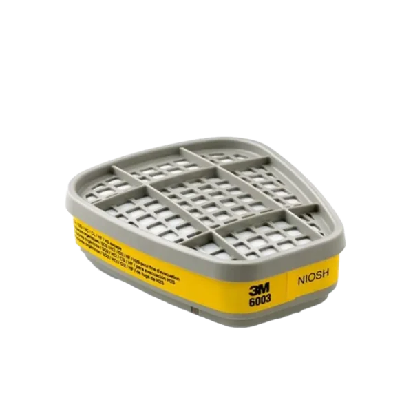 Cartucho 6003 con carbón activado para vapores orgánicos y gases ácidos, compatible con respiradores serie 6000 y 7000, aprobado por NIOSH, ideal para petroquímica y fundiciones.
