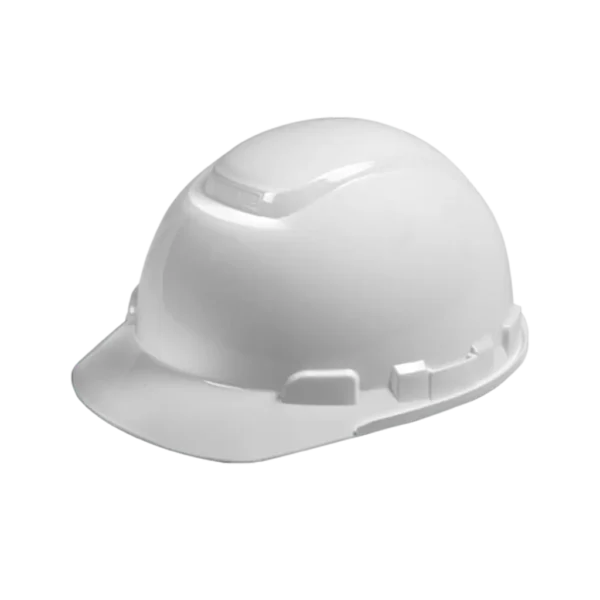 Casco de seguridad dieléctrico tipo I clase E y G, fabricado en polietileno, con ajuste tipo ratchet y compatible con barbuquejo y protectores auditivos.
