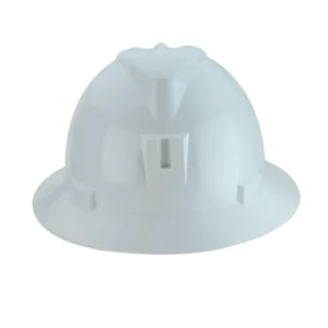 Casco dieléctrico tipo safari con ala enteriza, porta lámpara inyectado, protección UV y lluvia, ajuste tipo ratchet y certificación ANSI Z89.1.