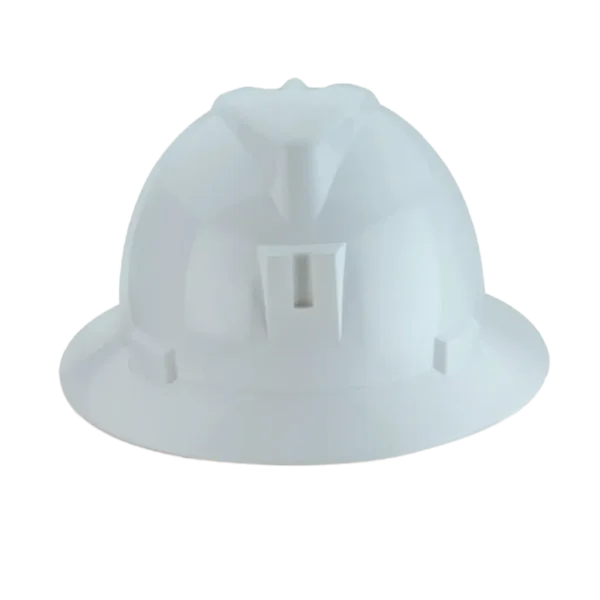 Casco dieléctrico tipo safari con ala enteriza, porta lámpara inyectado, protección UV y lluvia, ajuste tipo ratchet y certificación ANSI Z89.1.