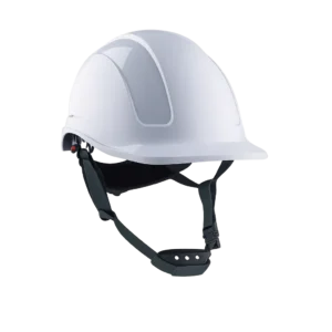 Casco dieléctrico tipo II en termoplástico ABS, con barbuquejo de 4 puntos, visera corta, suspensión ratchet y protección contra impactos laterales y verticales.