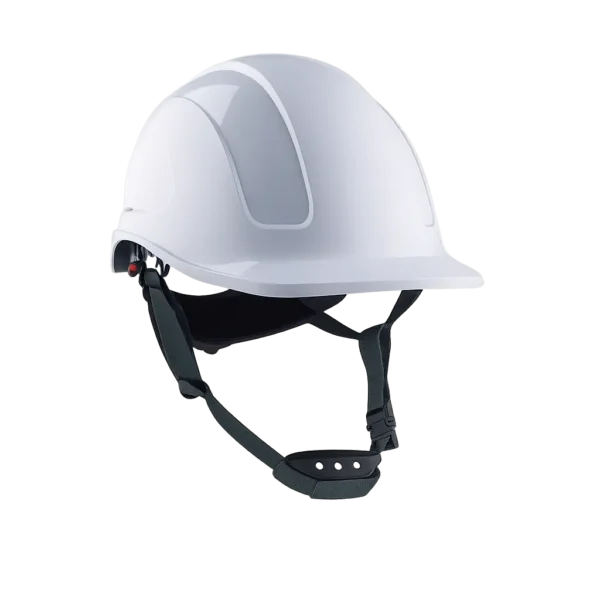 Casco dieléctrico tipo II en termoplástico ABS, con barbuquejo de 4 puntos, visera corta, suspensión ratchet y protección contra impactos laterales y verticales.