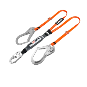 Eslinga en Y con absorbedor regulable, reata ignífuga de alta tenacidad, ganchos de acero y hebilla graduable para protección en trabajos en altura.
