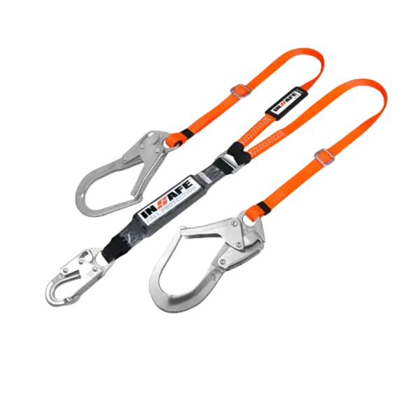 Eslinga en Y con absorbedor regulable, reata ignífuga de alta tenacidad, ganchos de acero y hebilla graduable para protección en trabajos en altura.