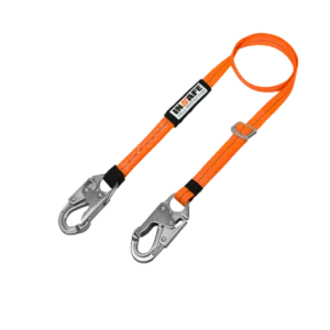 Eslinga de posicionamiento en reata poliéster de 1 pulgada, regulable con hebilla de acero, ganchos de seguridad de alta resistencia y tratamiento ignífugo.