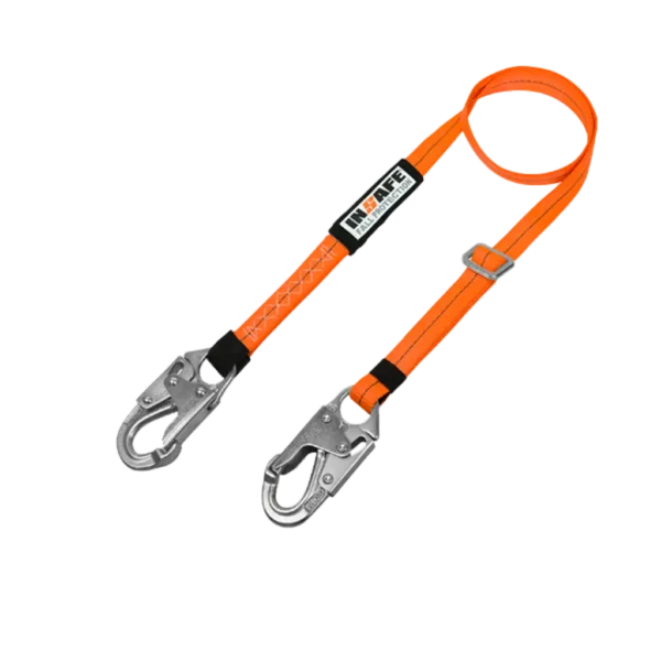 Eslinga de posicionamiento en reata poliéster de 1 pulgada, regulable con hebilla de acero, ganchos de seguridad de alta resistencia y tratamiento ignífugo.