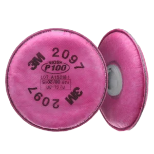 Filtro para partículas modelo 2097 P100, con medio filtrante electrostático y carbón activado. Brinda alta eficiencia con baja caída de presión, aprobado por NIOSH para protección contra aerosoles sólidos y líquidos con o sin aceite.