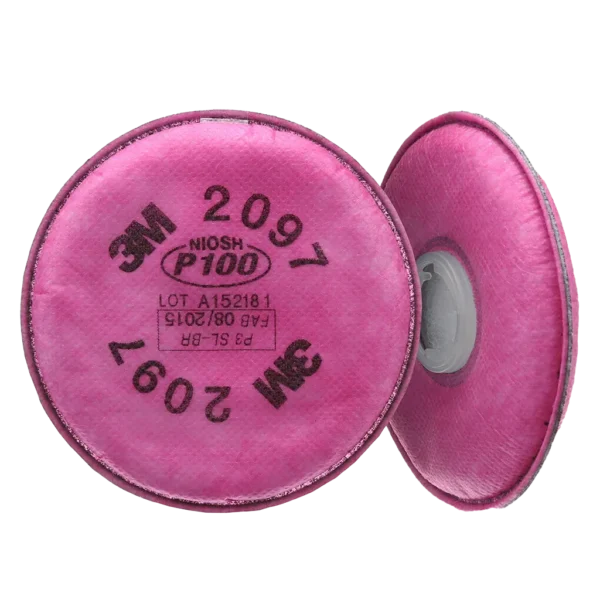 Filtro para partículas modelo 2097 P100, con medio filtrante electrostático y carbón activado. Brinda alta eficiencia con baja caída de presión, aprobado por NIOSH para protección contra aerosoles sólidos y líquidos con o sin aceite.