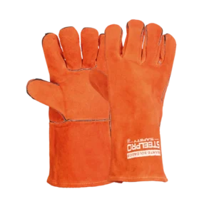 Guante de soldador color naranja fabricado en cuero carnaza vacuno, con forro interno de algodón y poliéster. Ofrece protección térmica y mecánica, costuras ignífugas y diseño cómodo para trabajos de soldadura.