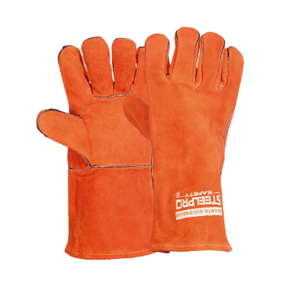Guante de soldador color naranja fabricado en cuero carnaza vacuno, con forro interno de algodón y poliéster. Ofrece protección térmica y mecánica, costuras ignífugas y diseño cómodo para trabajos de soldadura.