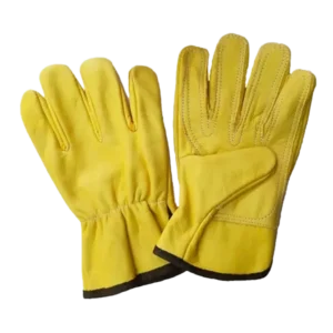 guante de vaqueta reforzado en palma y dedos, color amarillo con puño ribeteado, ideal para trabajos de protección manual