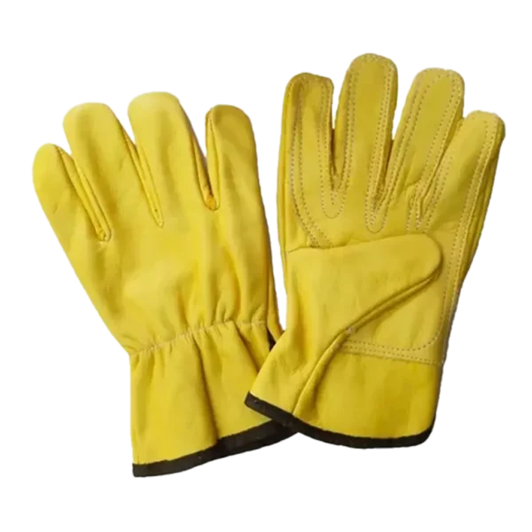 guante de vaqueta reforzado en palma y dedos, color amarillo con puño ribeteado, ideal para trabajos de protección manual