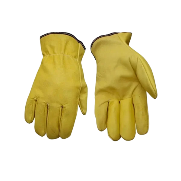 Guante de seguridad fabricado en vaqueta de cuero vacuno curtido al cromo, color amarillo. Incluye costuras de poliéster, banda elástica en el dorso, puño ribeteado y diseño de talla única con largo de 24 cm.