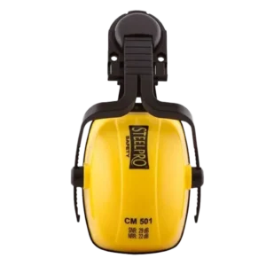 Protector auditivo Steelpro de inserción al casco, color amarillo con acolchado negro para mayor comodidad. Nivel de atenuación de 23 dB, certificado ANSI S3.19-1974, ideal para protección contra ruidos diarios.