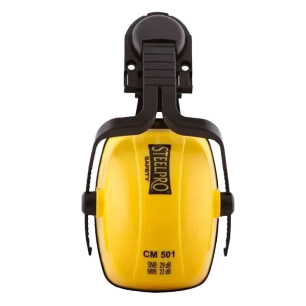 Protector auditivo Steelpro de inserción al casco, color amarillo con acolchado negro para mayor comodidad. Nivel de atenuación de 23 dB, certificado ANSI S3.19-1974, ideal para protección contra ruidos diarios.
