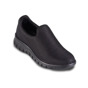 Zapato sin puntera para dama, diseñado para el sector servicios. Capellada en malla textil de poliéster, suela de poliuretano bidensidad, plantilla de EVA, y cuello espumado con ribete. Resistente a hidrocarburos, dieléctrico, flexible y de alta resistencia a la abrasión.