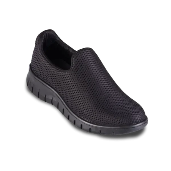 Zapato sin puntera para dama, diseñado para el sector servicios. Capellada en malla textil de poliéster, suela de poliuretano bidensidad, plantilla de EVA, y cuello espumado con ribete. Resistente a hidrocarburos, dieléctrico, flexible y de alta resistencia a la abrasión.