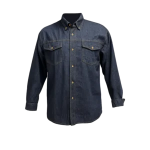 camisa de jean índigo 7 en 100% algodón para dama y hombre con botones plásticos y costuras reforzadas