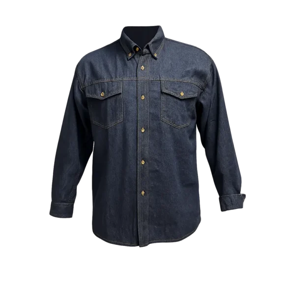 camisa de jean índigo 7 en 100% algodón para dama y hombre con botones plásticos y costuras reforzadas