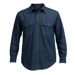 camisa de jean índigo 7 en mezcla de algodón y poliéster para dama y hombre con botones plásticos y costuras reforzadas