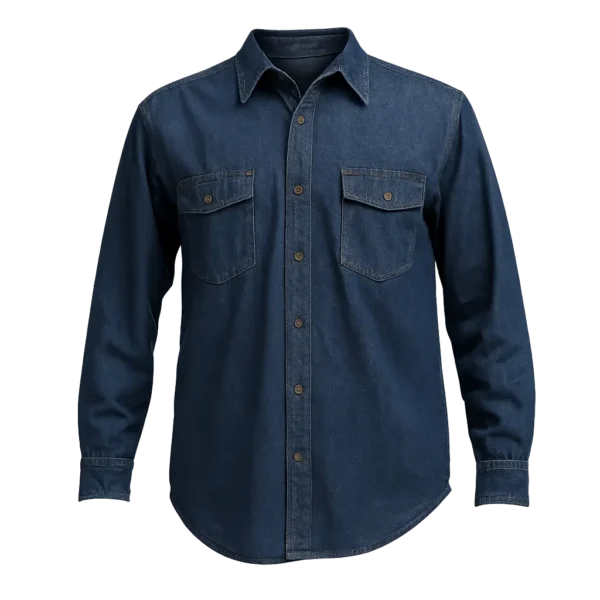 camisa de jean índigo 7 en mezcla de algodón y poliéster para dama y hombre con botones plásticos y costuras reforzadas