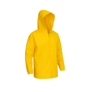 Chaqueta impermeable 1630 con capucha y cierre frontal con broches, ideal para protección en condiciones de lluvia.