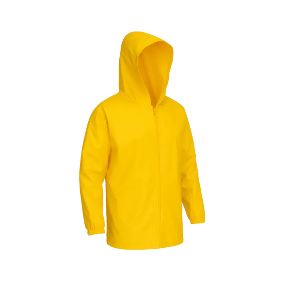 Chaqueta impermeable 1630 con capucha y cierre frontal con broches, ideal para protección en condiciones de lluvia.