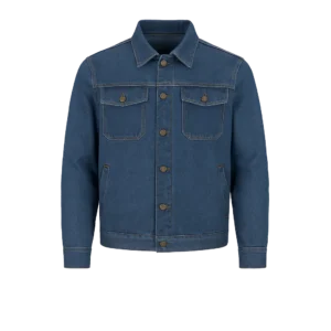 chaqueta 100% algodón lisa color azul y negra con cierre frontal, cuello camisero y bolsillos con tapa y botón