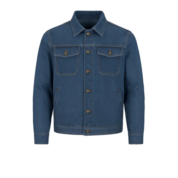 chaqueta 100% algodón lisa color azul y negra con cierre frontal, cuello camisero y bolsillos con tapa y botón