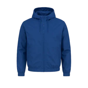 Chaqueta rompevientos liviana de nylon chaquetero importado con cremallera frontal, cuello alto y terminaciones resortadas.