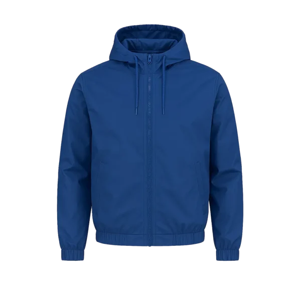 Chaqueta rompevientos liviana de nylon chaquetero importado con cremallera frontal, cuello alto y terminaciones resortadas.