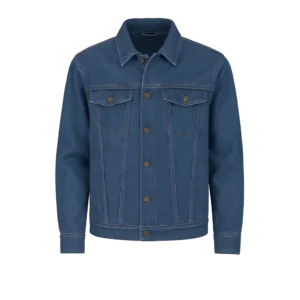 Chaqueta en jean tipo Levi’s con costuras decorativas, botones metálicos, cuello clásico y bolsillos con tapa.