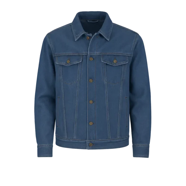 Chaqueta en jean tipo Levi’s con costuras decorativas, botones metálicos, cuello clásico y bolsillos con tapa.