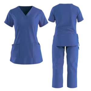 conjunto antifluido de dos piezas para hombre y mujer, con bolsillos delanteros, camisa cuello en v y pantalón con cintura resortada