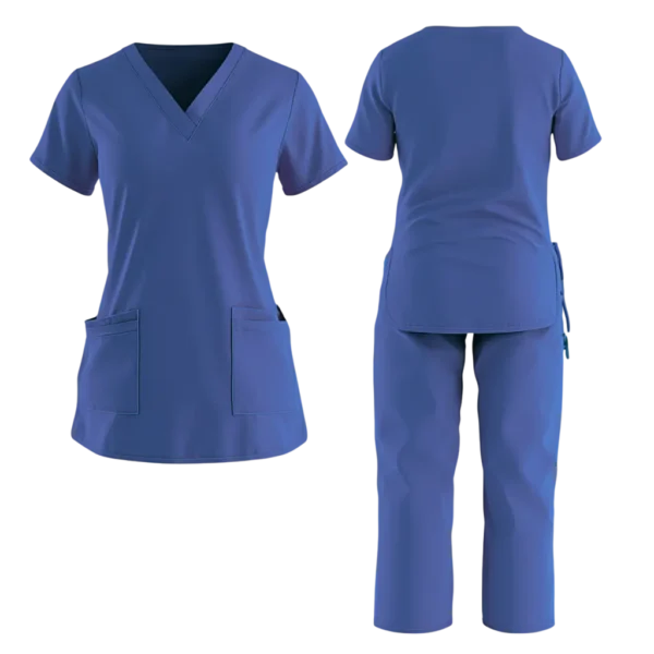 conjunto antifluido de dos piezas para hombre y mujer, con bolsillos delanteros, camisa cuello en v y pantalón con cintura resortada