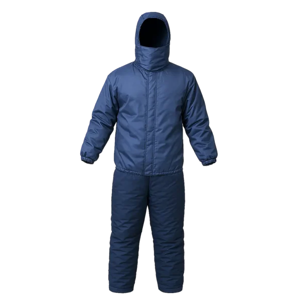 Conjunto térmico de dos piezas para cuartos fríos, con chaqueta acolchada y pantalón con cintura resortada. Ideal para ambientes de baja temperatura.