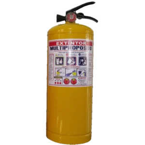 Extintor multipropósito portátil de acero con pintura amarilla y manómetro, ideal para condiciones extremas.