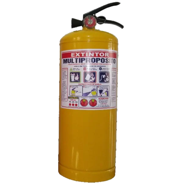 Extintor multipropósito portátil de acero con pintura amarilla y manómetro, ideal para condiciones extremas.