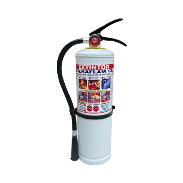 Extintor Solkaflam con agente limpio HCFC-123, ideal para fuegos clase A y C, seguro para equipos electrónicos.