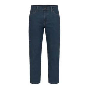 pantalón jean de algodón con cinco bolsillos, cremallera frontal y botón metálico