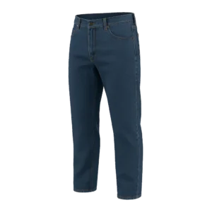 pantalón jean en tela de mezcla con diseño clásico de cinco bolsillos y cierre con cremallera